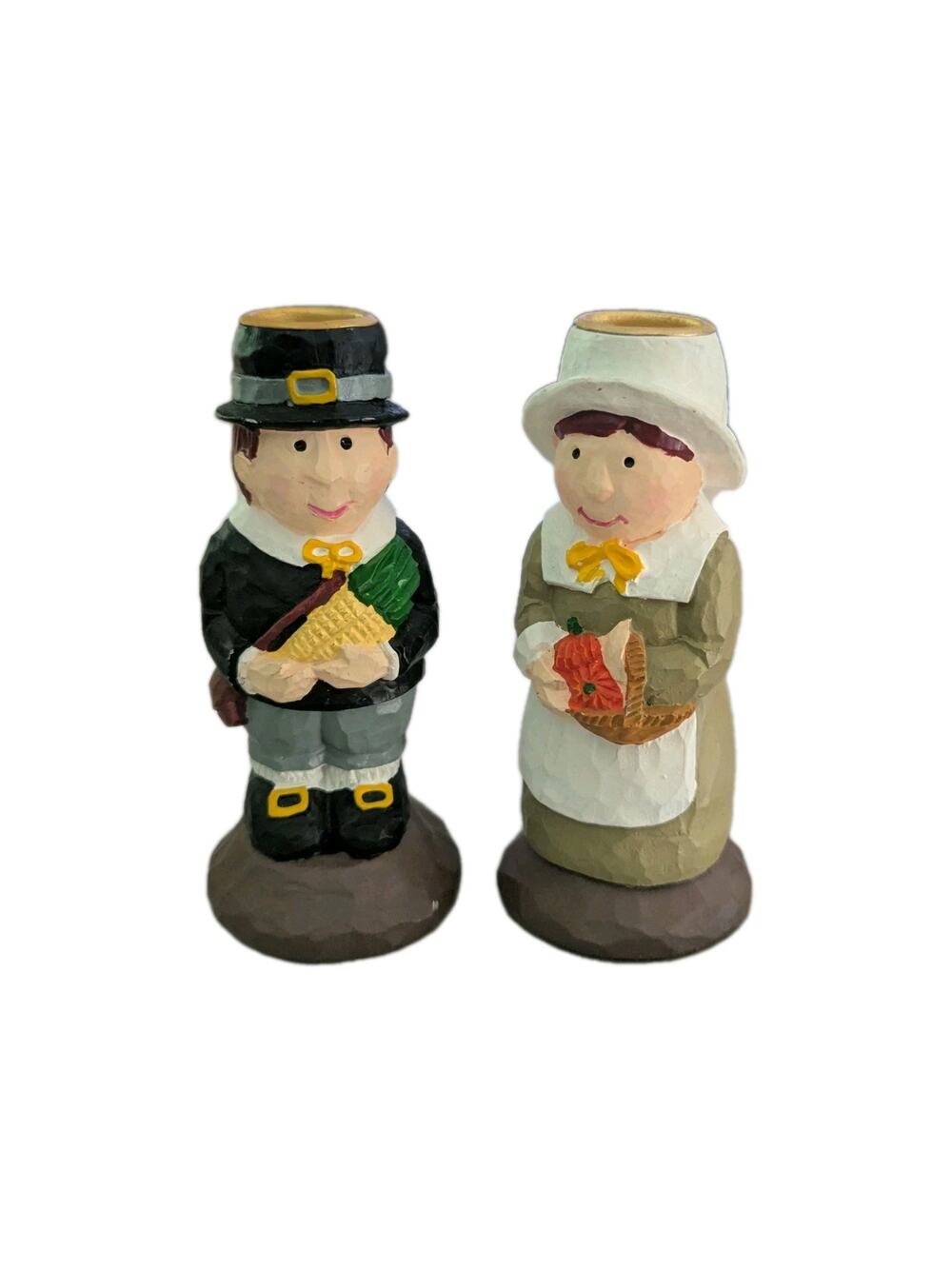 Teleflora Pilgrim Candle Holder Set Thanksgiving Fall Harvest Figurines Couple
